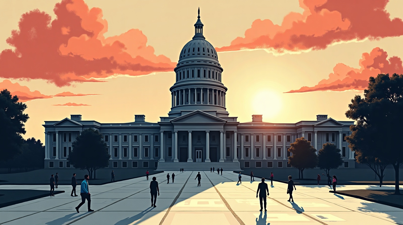 Editorial illustration: A stately state capitol building at dawn with long shadows forming a calendar grid across the plaza.