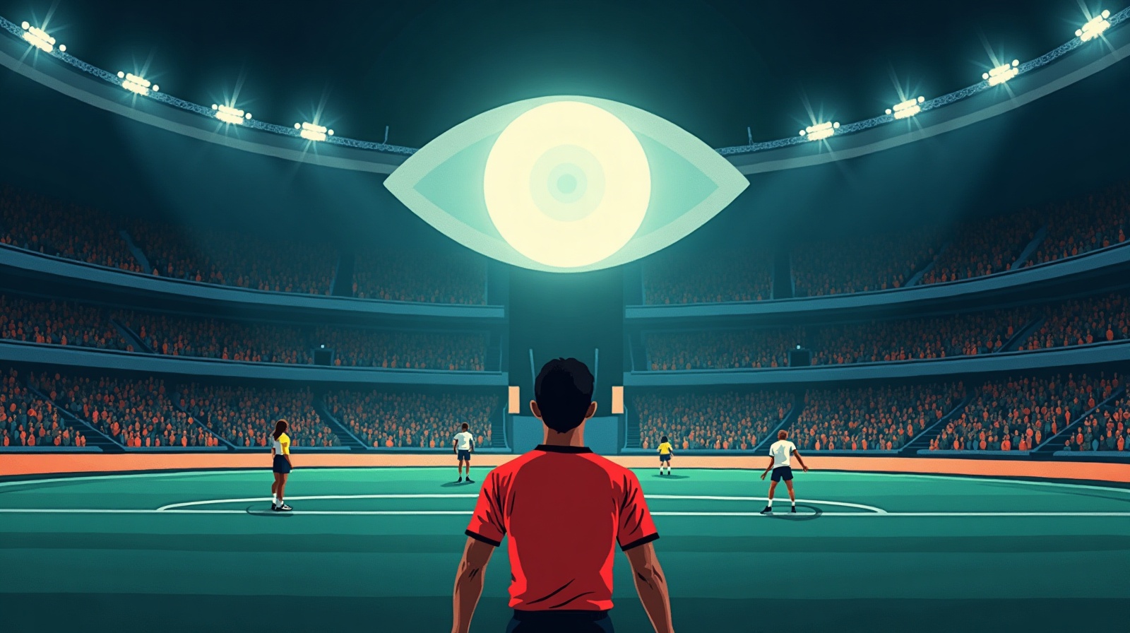 Editorial illustration: A referee seen from behind in a vast stadium at night.