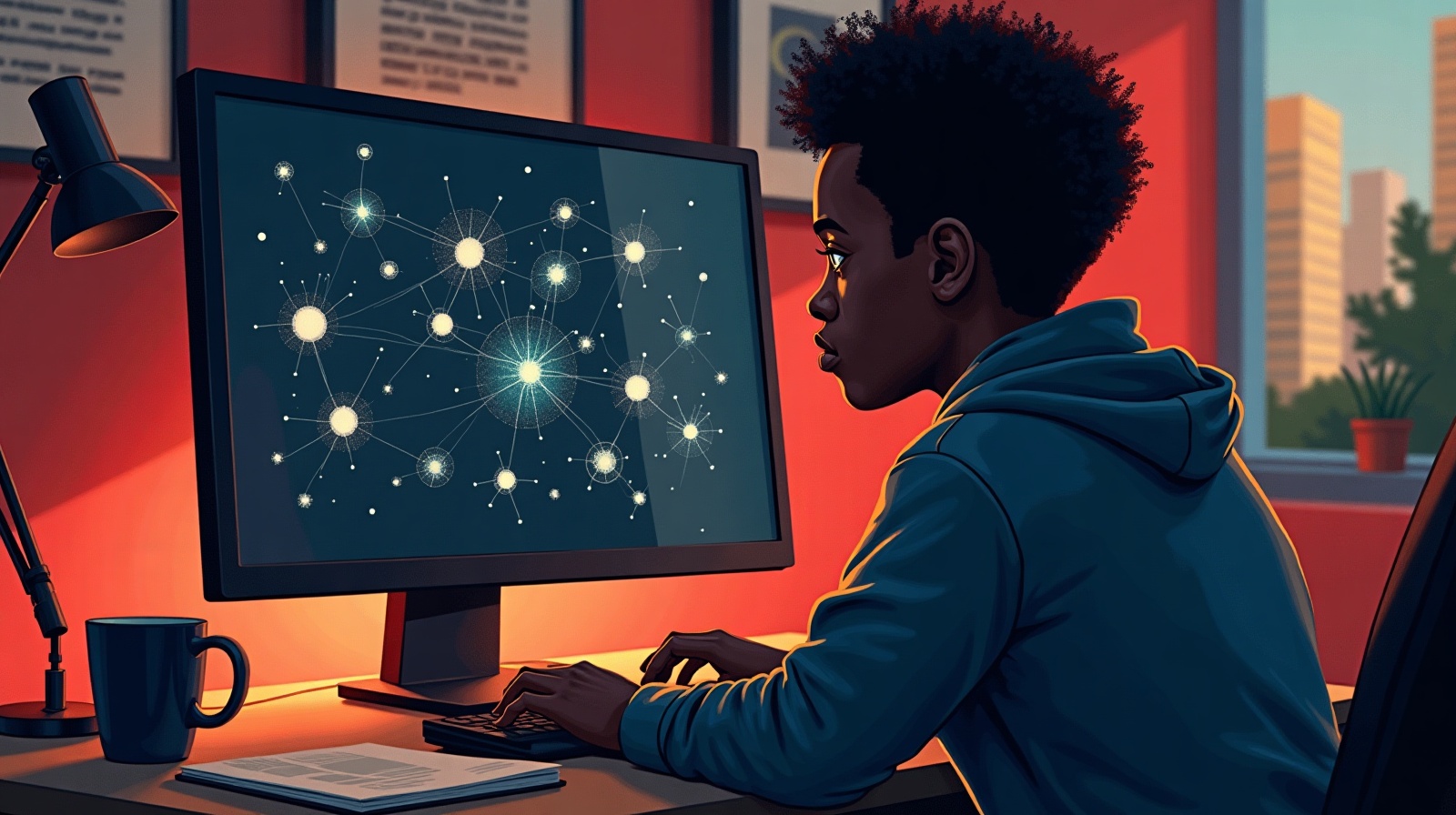 Editorial illustration: a programmer reflected in a dark monitor showing constellations of connected nodes.
