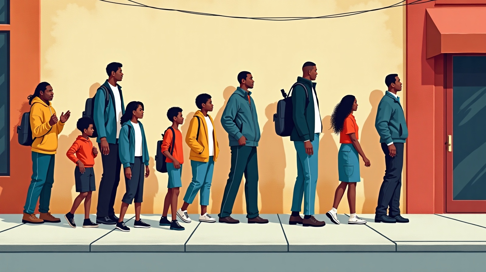 Editorial illustration: citizens lined up outside a polling place at morning.